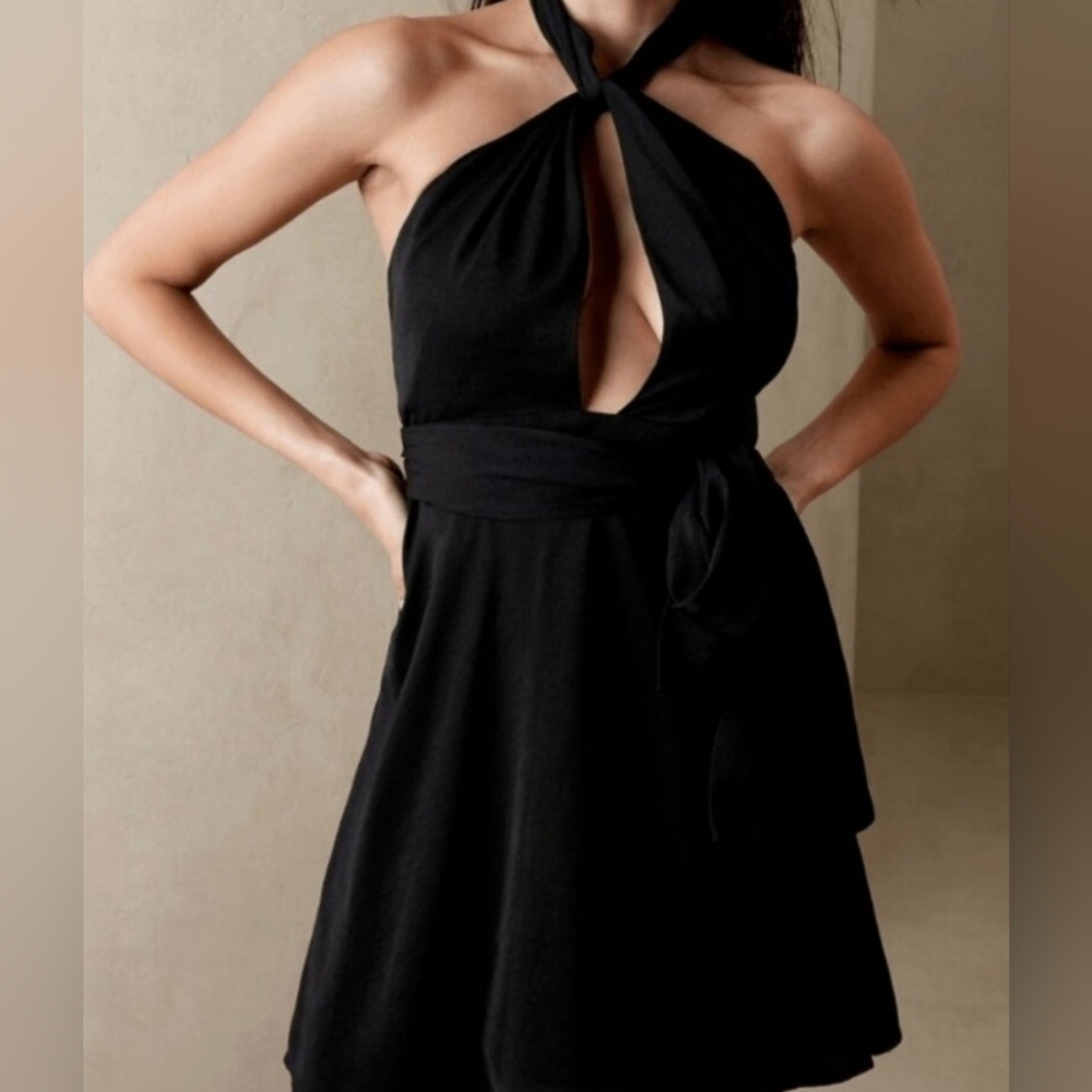 NWT- Banana Republic Factory Elegant Black Satin Halter Mini Dress- Sz8/10